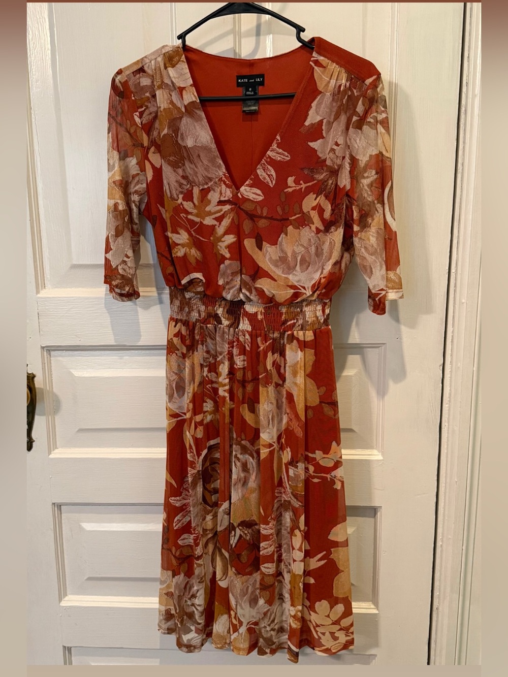Floral V-Neck Midi Dress in Rust by Kate and Lily